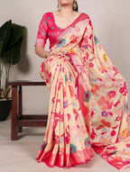 Vastranavya Cream Tussar Silk Printed with Viscose Border Saree with Unstitched Blouse - Distacart