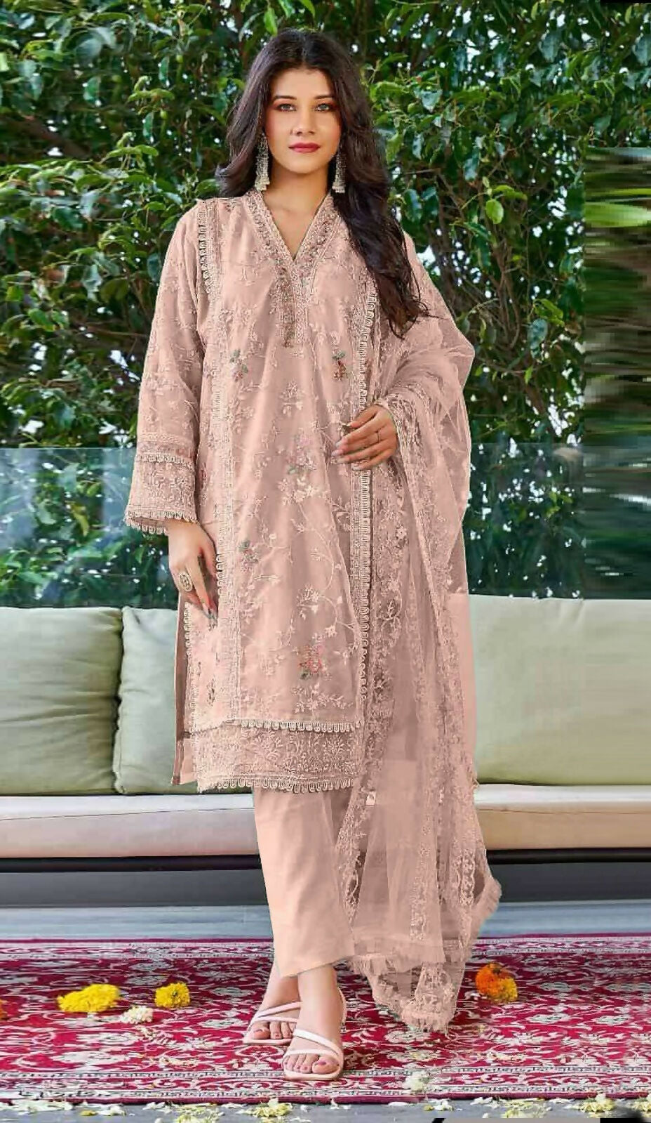 Anaita Peach Embroidered Organza Stitched Salwar Suit - Distacart