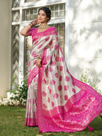 Shree Shyam Fashion Cream With Pink Silk Blend Saree - Distacart