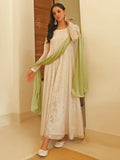 Janasya Women's White Chiffon Lurex Foil Printed Festive Anarkali Kurta Set