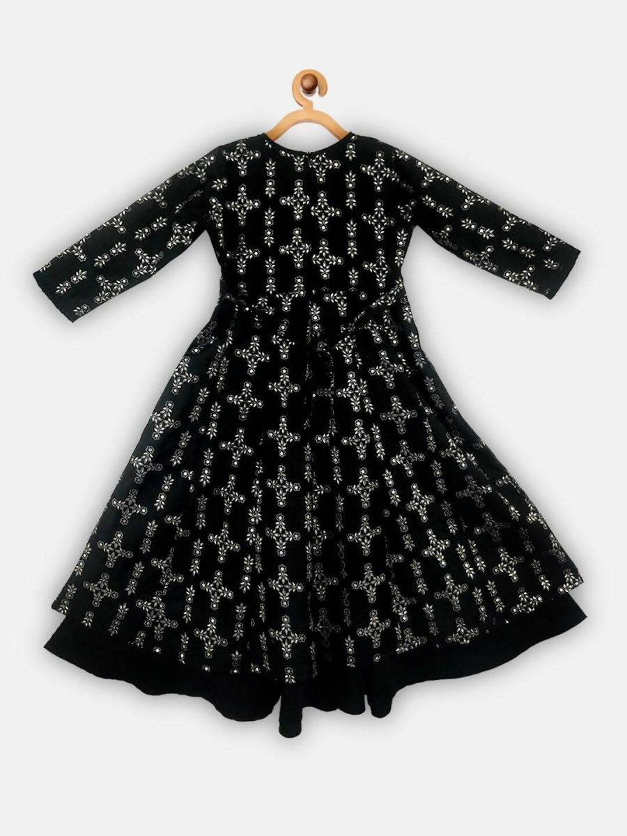 Ahalyaa Black Chanderi Gold Foil Printed Kids Dress For Girls