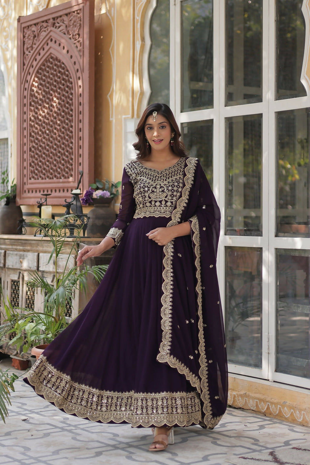 Joban Fashion Wine Georgette Sequence Embroidery Work Kurta Set - Distacart
