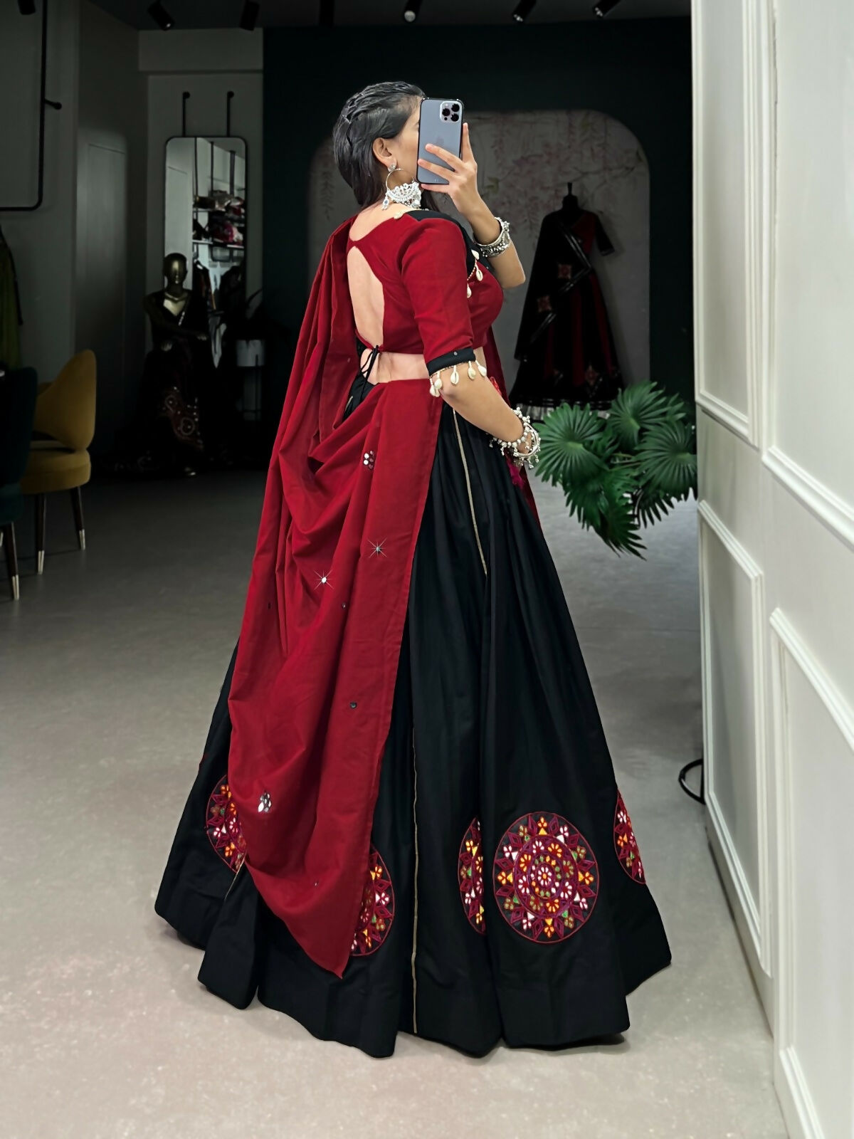 Vastranavya Navaratri Special Pure Cotton Gamthi Patch Work With Gota Patti Touch Up Lehenga Stitched Choli - Black