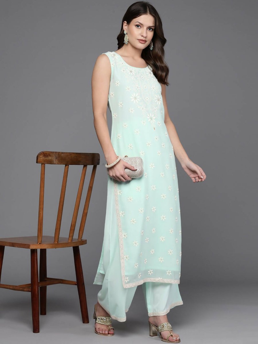 Ahalyaa Women Floral Embroidered Regular Kurta with Palazzos - Blue Color