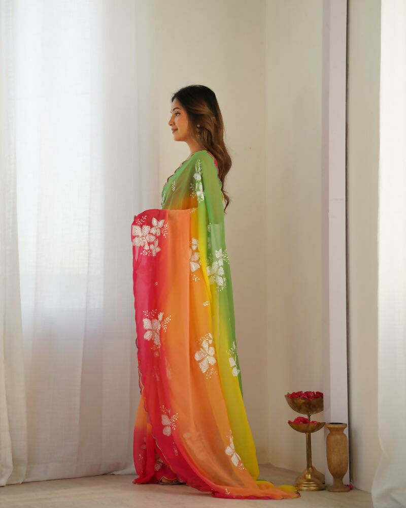 Yellow Georgette Pedding Color, Embroidery Work Party Wear Saree - Erisha