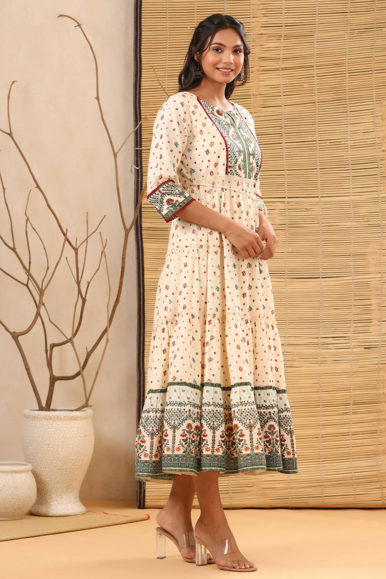 Juniper Women Ivory Cambric Printed Tiered Dress - Distacart