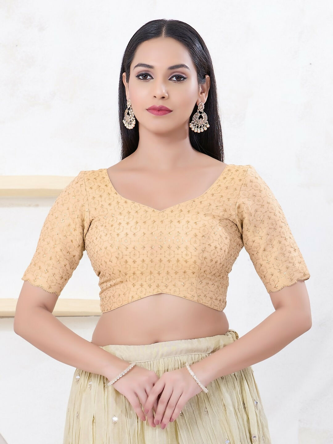 Joban Fashion Light-Gold Tissue Elbow Sleeveless Back Open Blouse