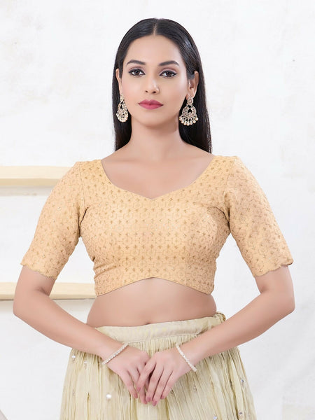 Joban Fashion Light-Gold Tissue Elbow Sleeveless Back Open Blouse