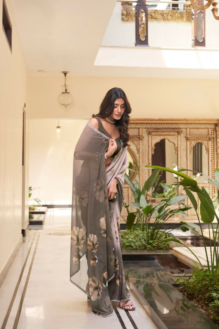 Vastranavya Chiku Weightless Marble Printed & Trim Lace Border Saree with Unstitched Blouse