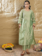 Indo Era Women Floral Embroidered Regular Thread Work Kurta with Trousers - Distacart