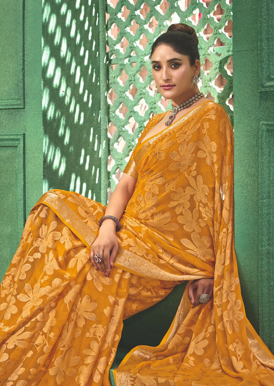 Joban Fashion Yellow Dull Moss Brasso With Kasab Zari Border Saree & Tassels With Brasso Blouse - Distacart
