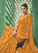Joban Fashion Yellow Dull Moss Brasso With Kasab Zari Border Saree & Tassels With Brasso Blouse - Distacart