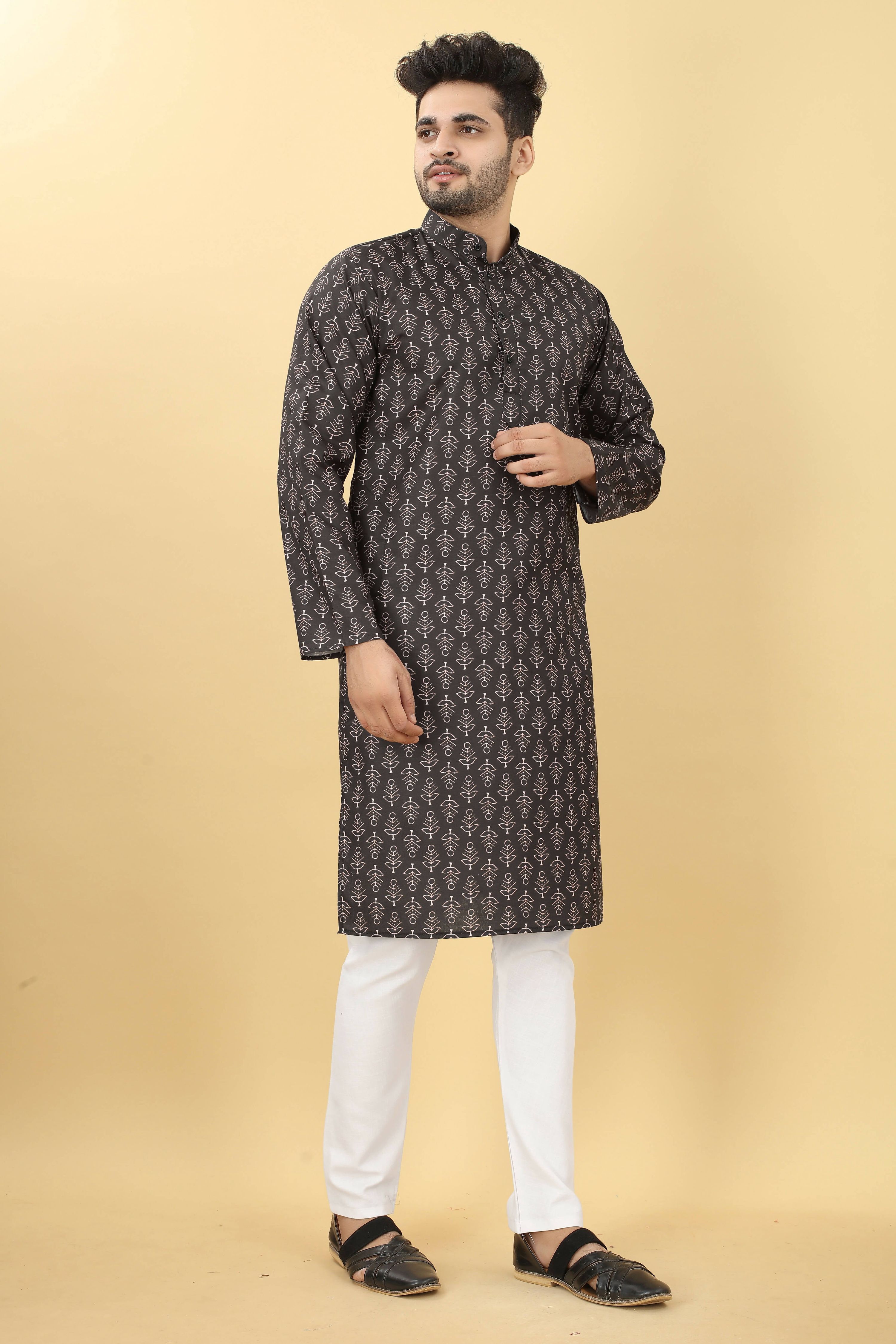 Black Cotton Printed Men's Kurta - Mahotsav