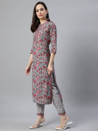 Vamika Grey Printed Cotton Party/Casual Wear Kurta Set/Suit