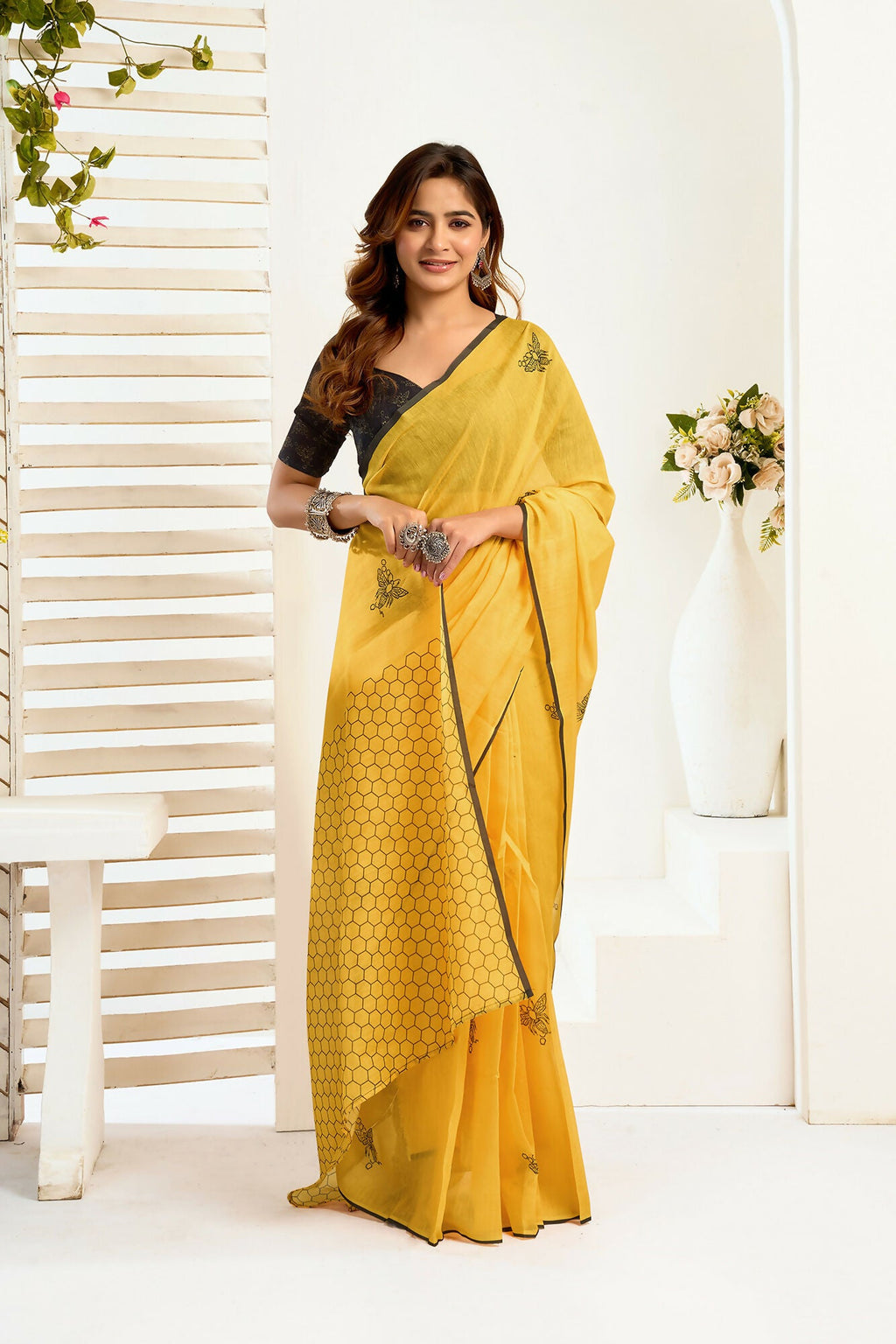 Vastranavya Mustard Digital Printed Linen Ready To Wear Designer Saree with Unstitched Blouse - Distacart