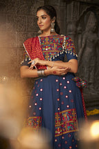 Blue Viscose Rayon Thread Embroidered Navratri Lehenga Choli with Dupatta - Raas