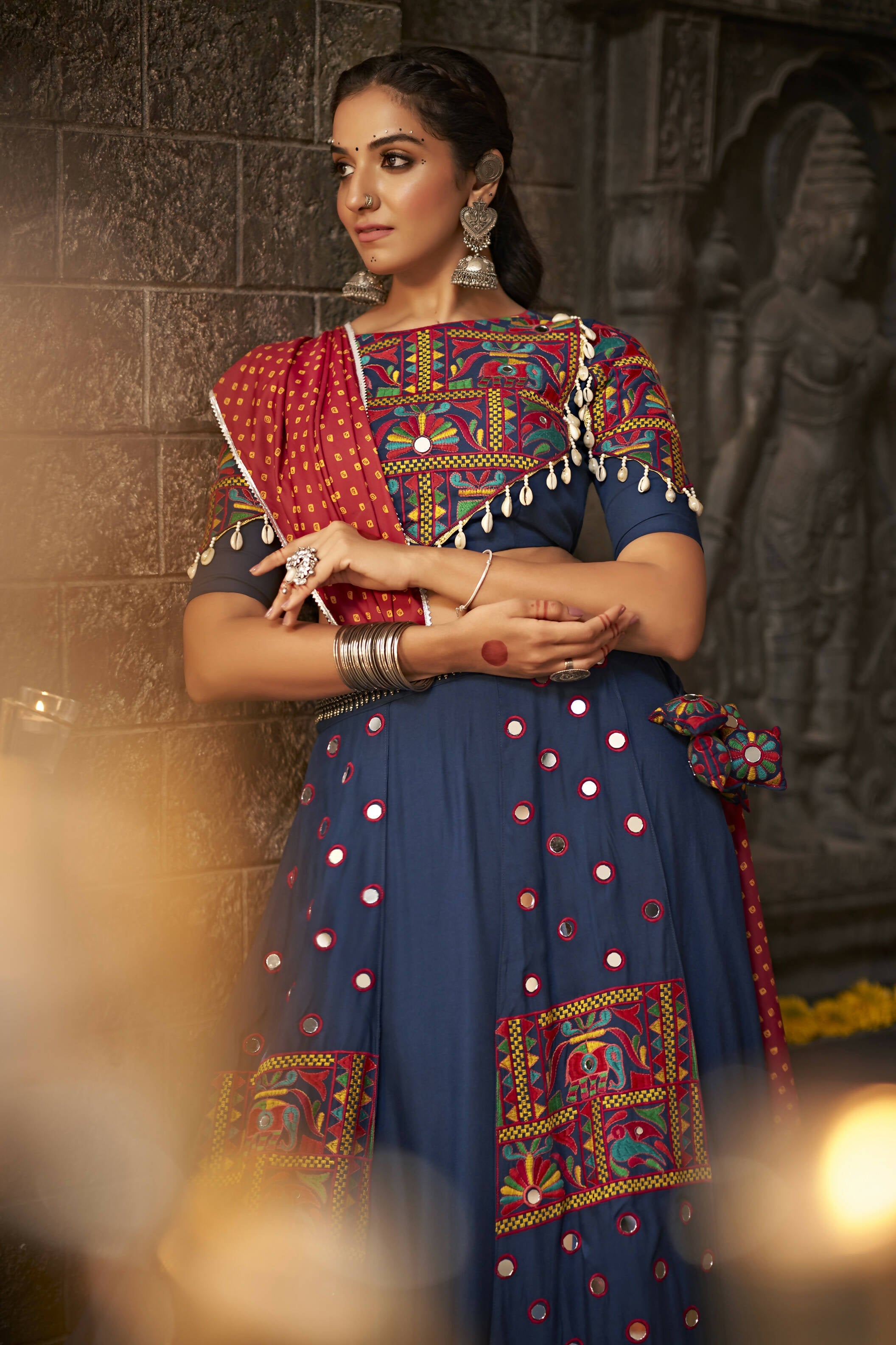Blue Viscose Rayon Thread Embroidered Navratri Lehenga Choli with Dupatta - Raas