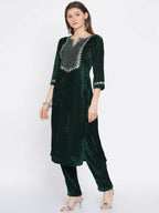 Women Republic Green Velvet Embroidered Kurta With Pant - Distacart