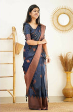 DEIANA'S Beautiful Designer Golden zari Soft Lichi Silk Saree - Navy Blue