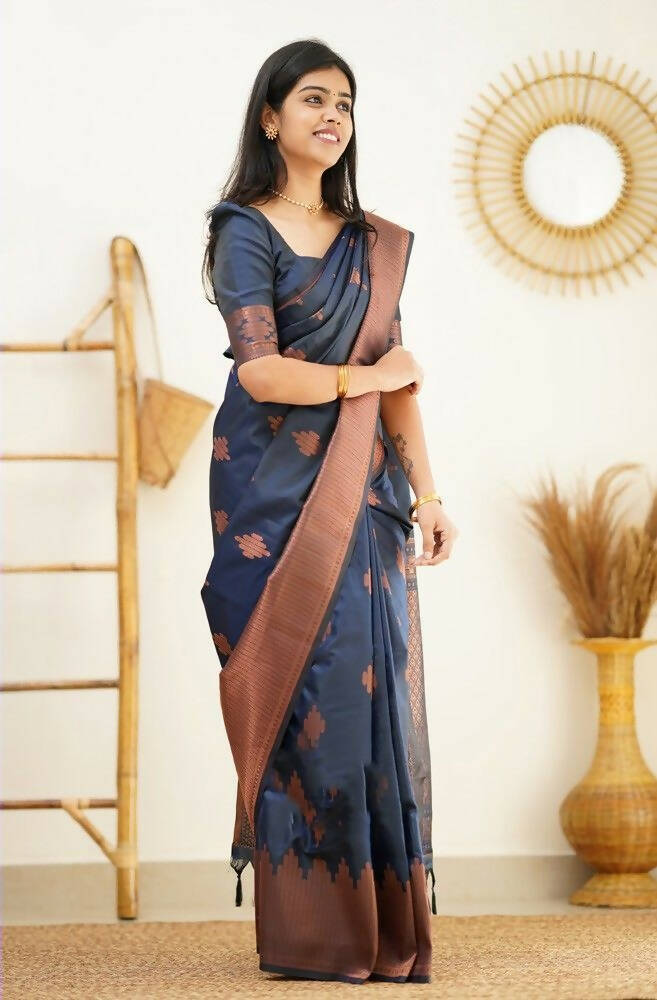 DEIANA'S Beautiful Designer Golden zari Soft Lichi Silk Saree - Navy Blue