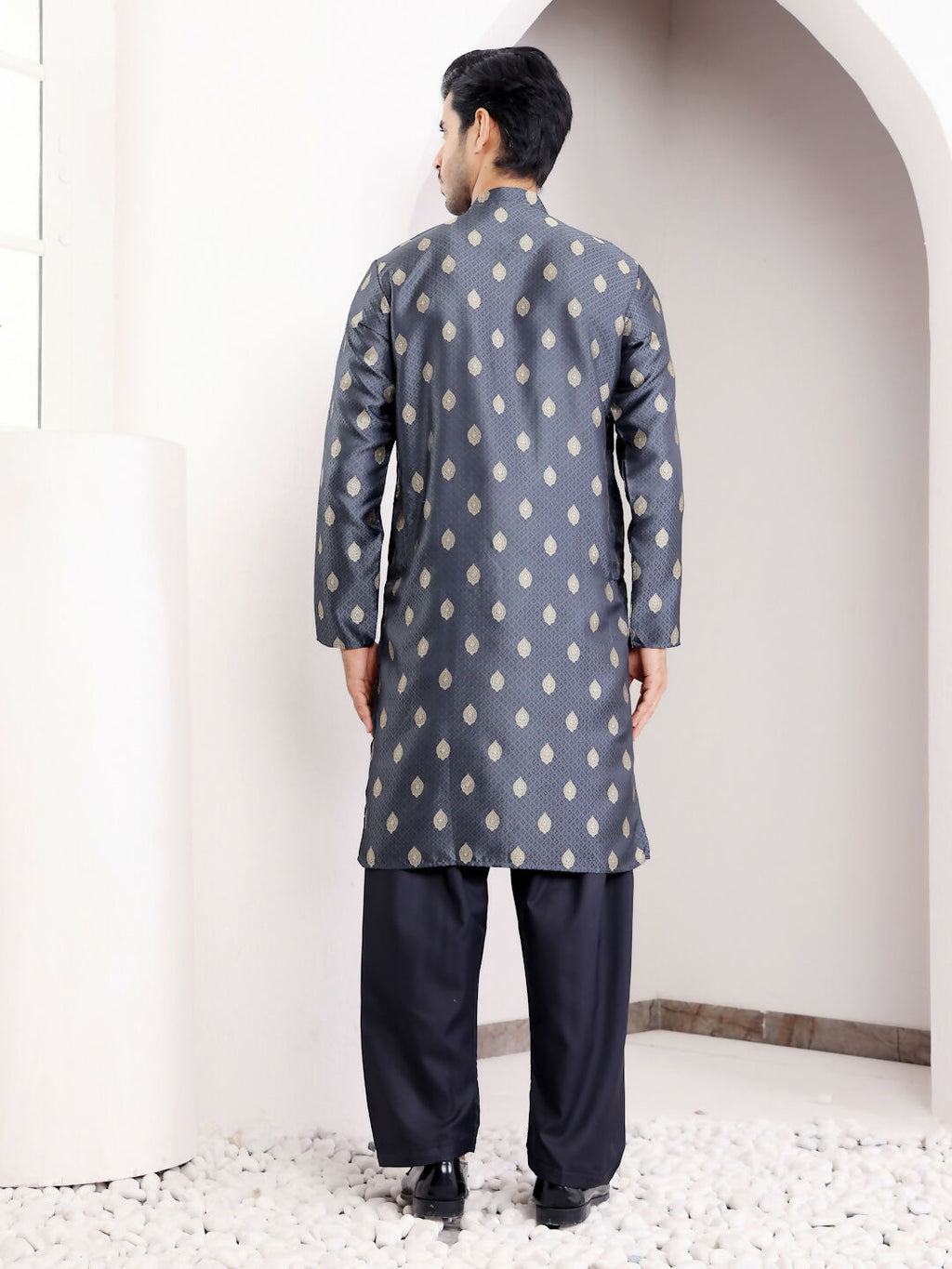 Navy Blue Viscose Woven Jacquard Work Men's Kurta - Mahotsav