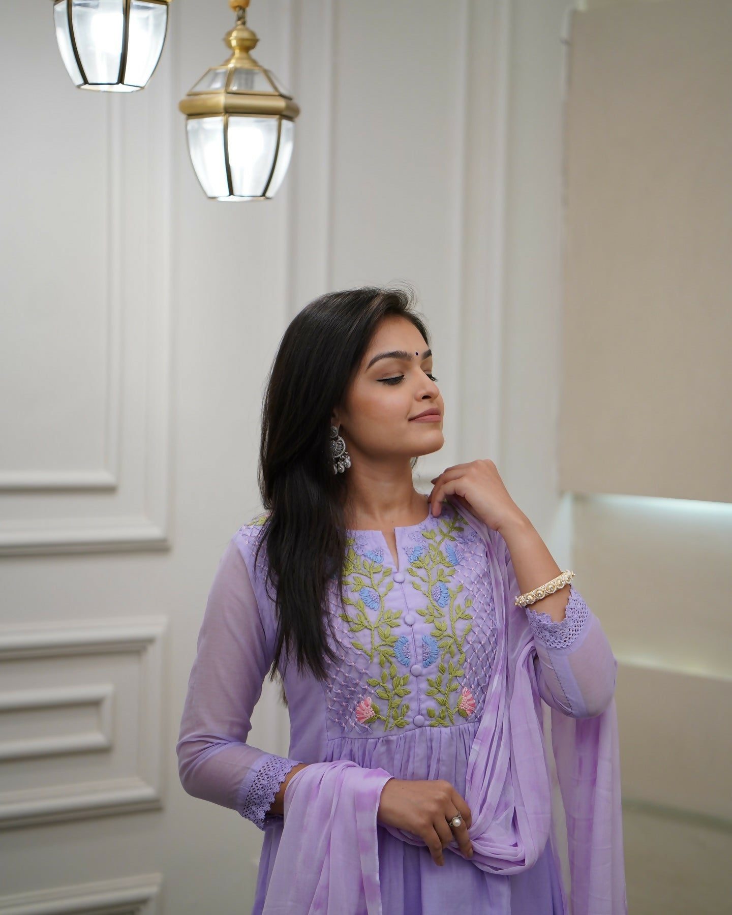 The52 Women's Beautiful Georgette Fabric Thread Work Flared Kurta Pant and Dupatta Set - Distacart