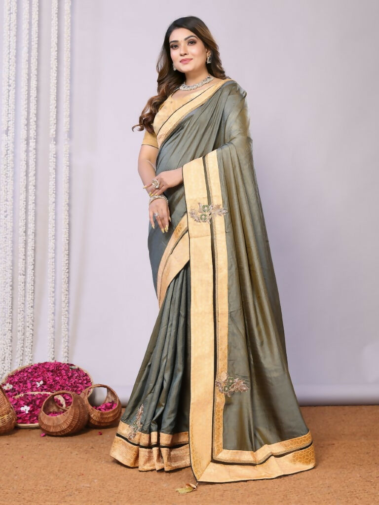 Olive Tusser Silk Resham Cord And Sequins Embroidery Handwork Butta Saree - Norita Saumya