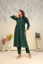 Jyoti Fashion Women's Bottle Green Rinkal Cotton Plain with Side Pocket Kurtis & Sets