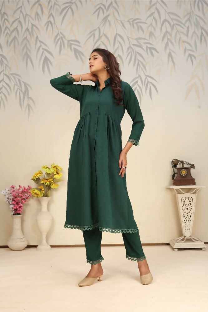 Jyoti Fashion Women's Bottle Green Rinkal Cotton Plain with Side Pocket Kurtis & Sets