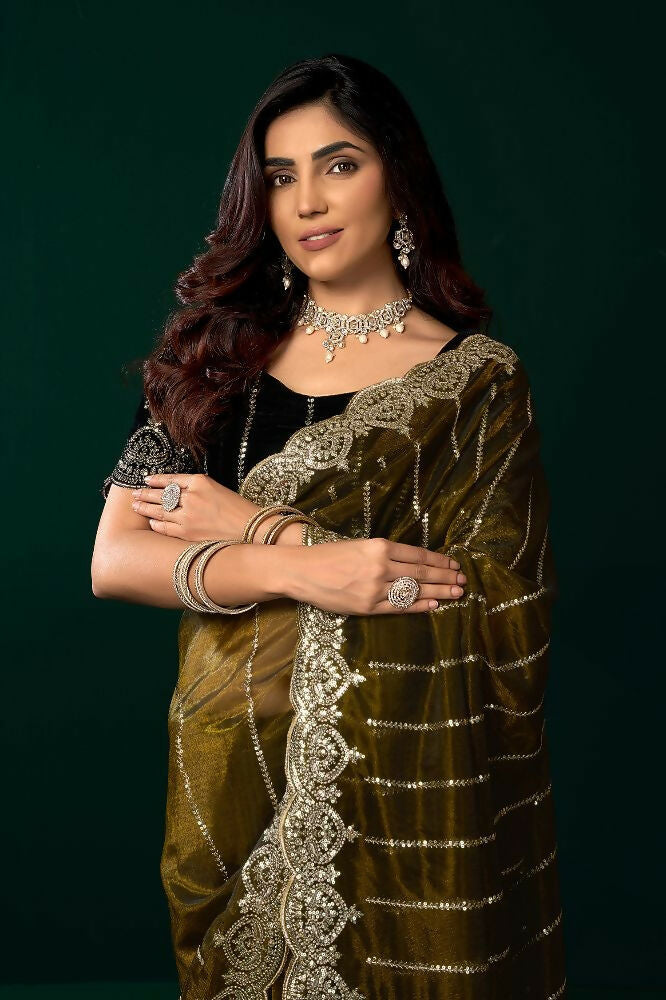 Joban Fashion Mehendi Green Net Party Wear Sarees - Distacart