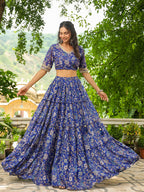 Janasya Blue Georgette Floral Lehenga Choli Dupatta