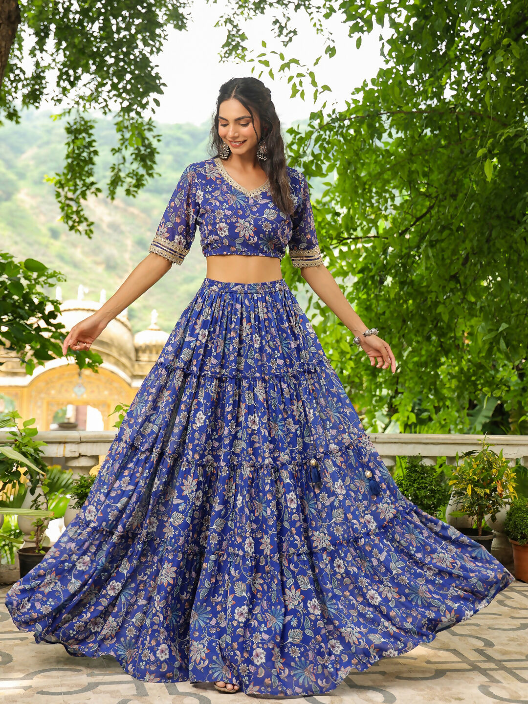 Janasya Blue Georgette Floral Lehenga Choli Dupatta
