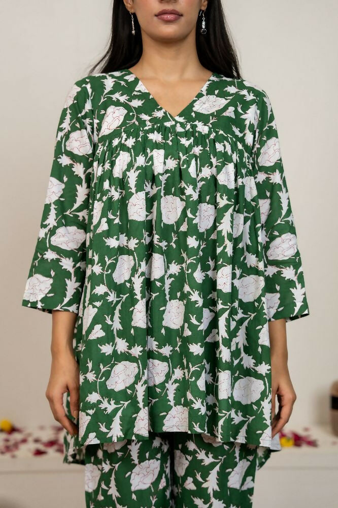 Joban Fashion Green Hand Block Printed Cotton Co-Ord Set - Distacart