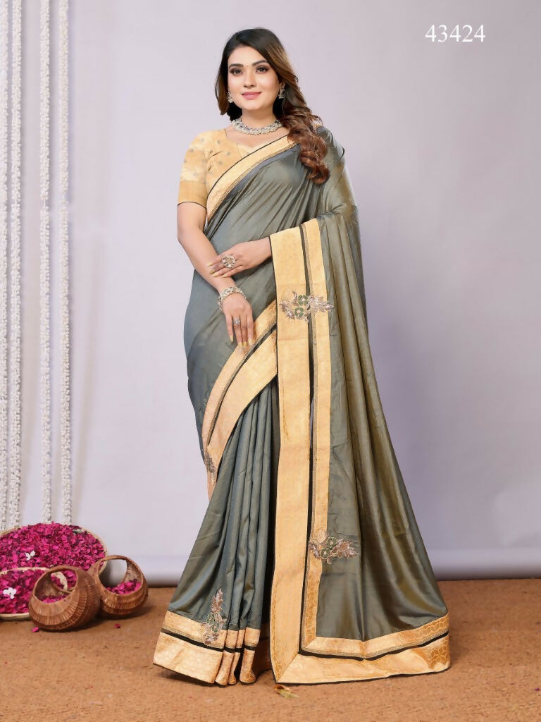 Olive Tusser Silk Resham Cord And Sequins Embroidery Handwork Butta Saree - Norita Saumya