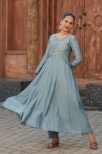 The52 Teal Blue Women's Gorgeous Vichitra Silk Fabric Embroidered Work Flared Anarkali Pant and Dupatta Set - Distacart