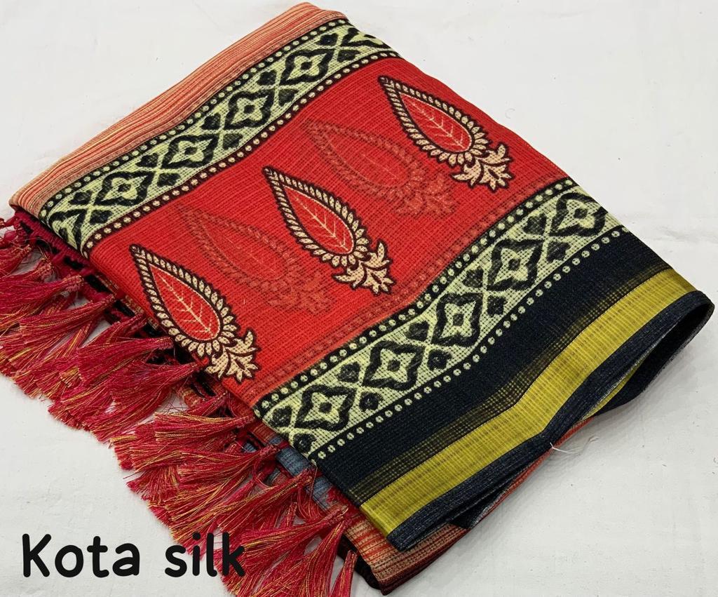 Red Silk Blend Geometric Saree with Unstitched Blouse - Hiral Fashion