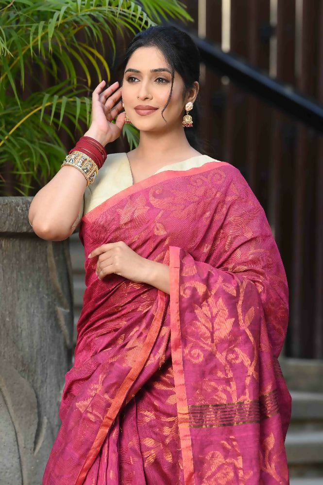 Beatitude Pink Cotton Floral Jamdani Saree