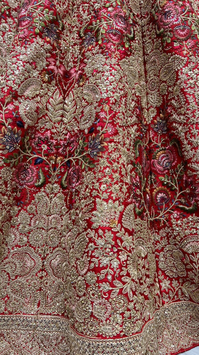 Jyoti Fashion Women's Red Silk Fancy Dori & Sequins Multi Thread Embroidered with Diamond Work Wedding Lehenga Choli