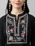 Black Rayon Yoke Embroidered A-line Top - Tarini