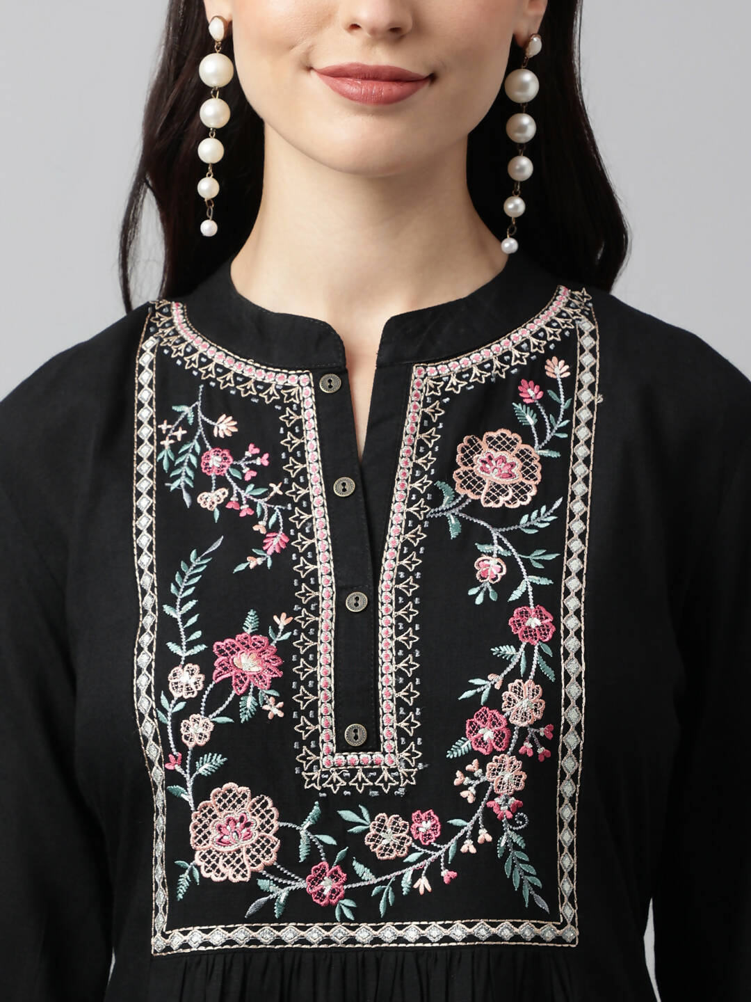 Black Rayon Yoke Embroidered A-line Top - Tarini