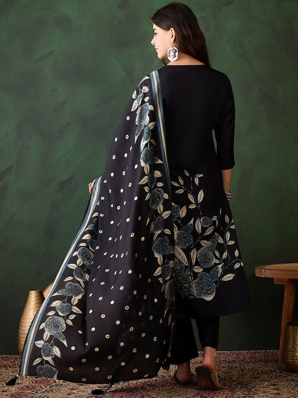 Sangria Floral Printed Sequinned V-Neck Straight Kurta & Trouser With Dupatta