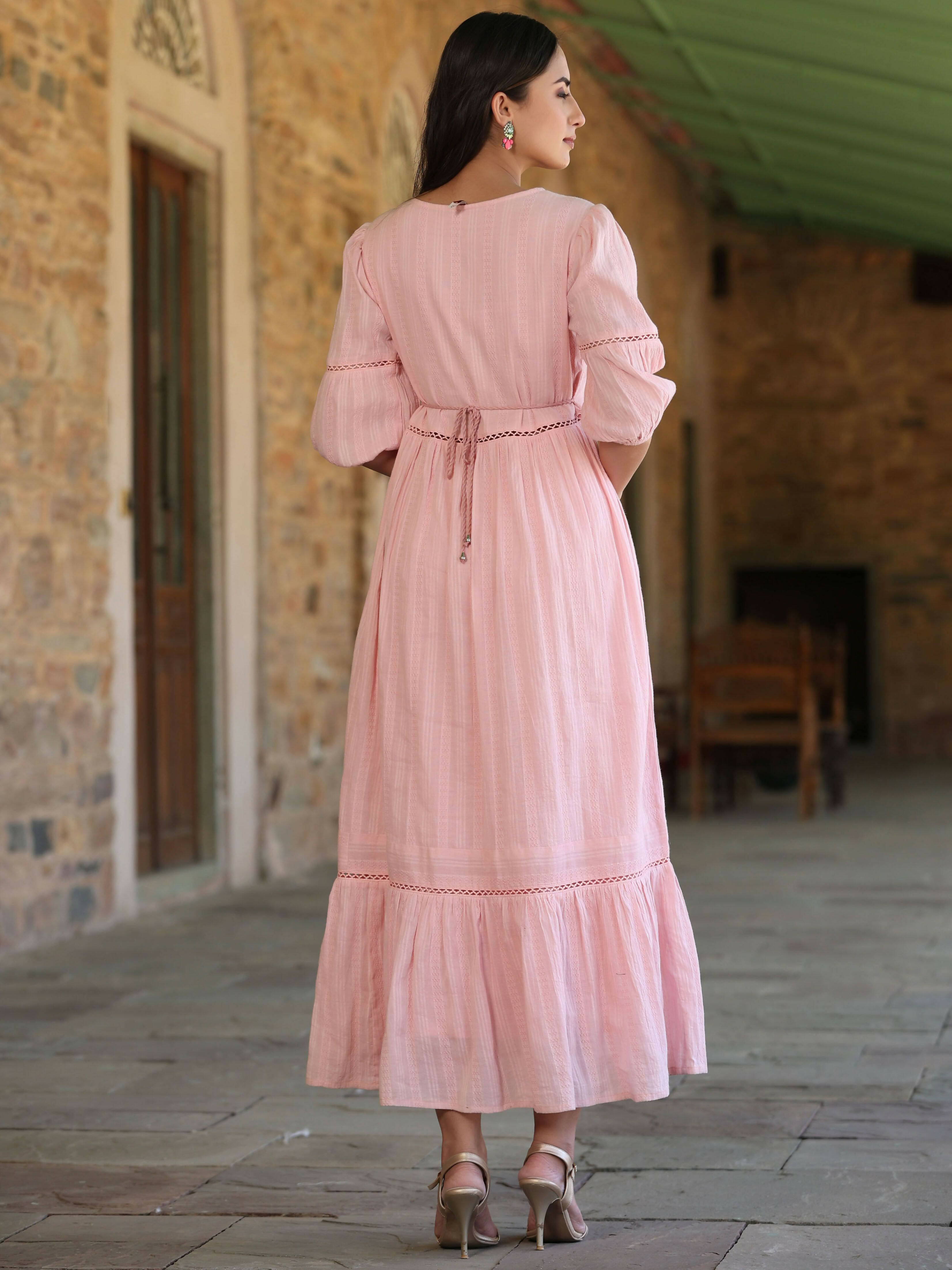 Juniper Women's Pink Cotton Dobby Embroidered Flared Dress - Distacart