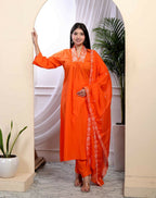Miravan Women's Orange Cotton Embroidered A-Line Kurta And Palazzo With Dupatta Set