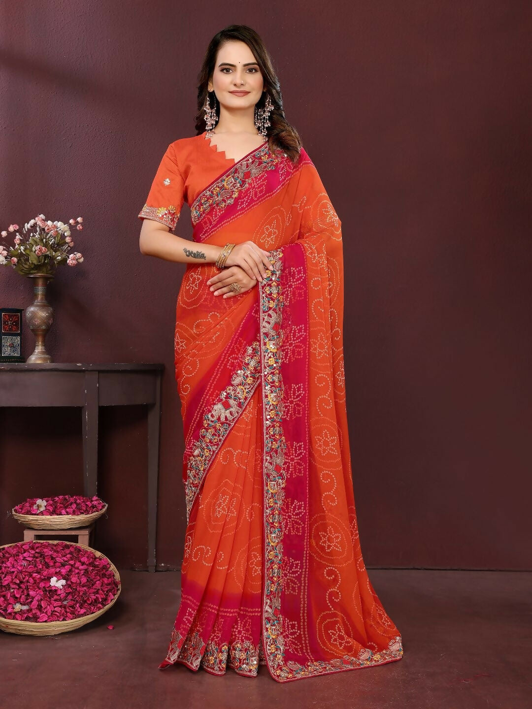 Ai Fashion Orange Georgette Digital Print Party Wear Saree - Distacart
