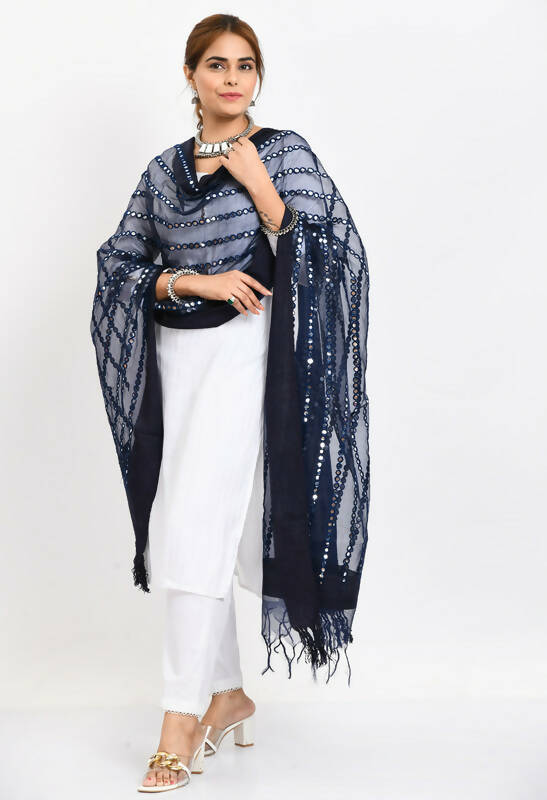 Mominos Fashion Moeza Women's Orgenza Mirror Stripe Thread Work Navy Blue Dupatta - Distacart
