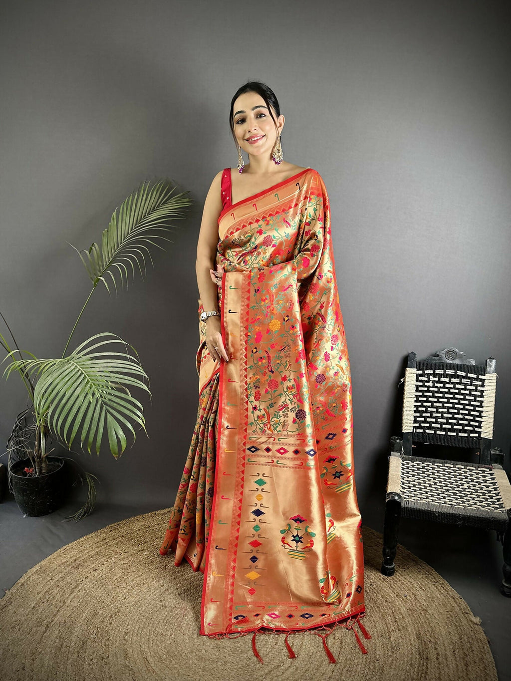 Joban Fashion Red Floral & Bird Motifs Soft Silk Paithani Saree - Distacart