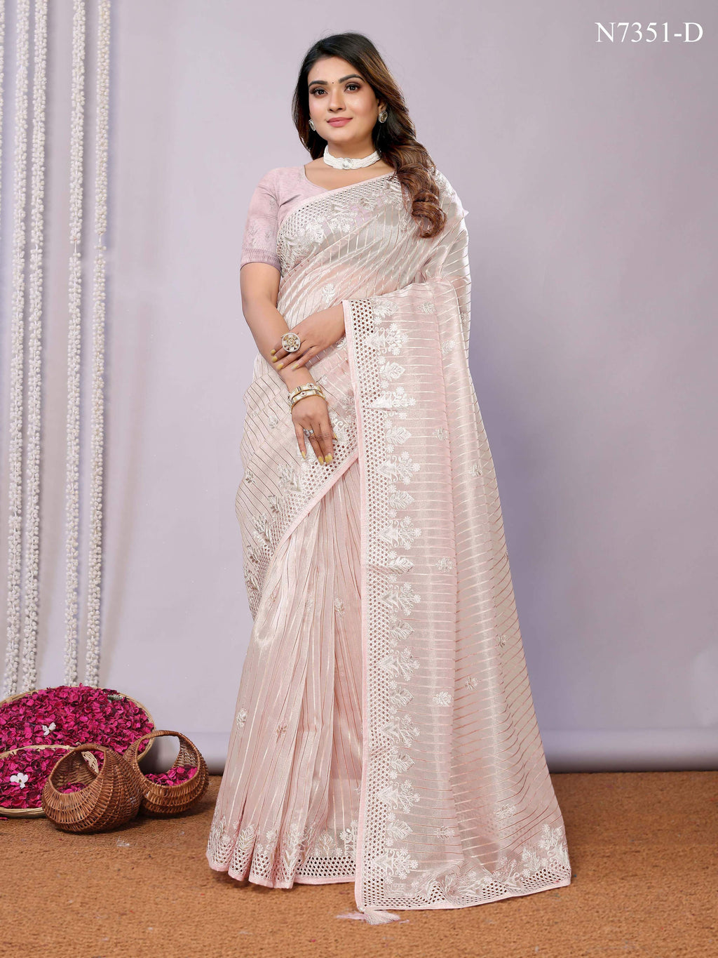 Pink Silk Embroidered Saree With Unstitched Blouse - Nimaya Kaksha