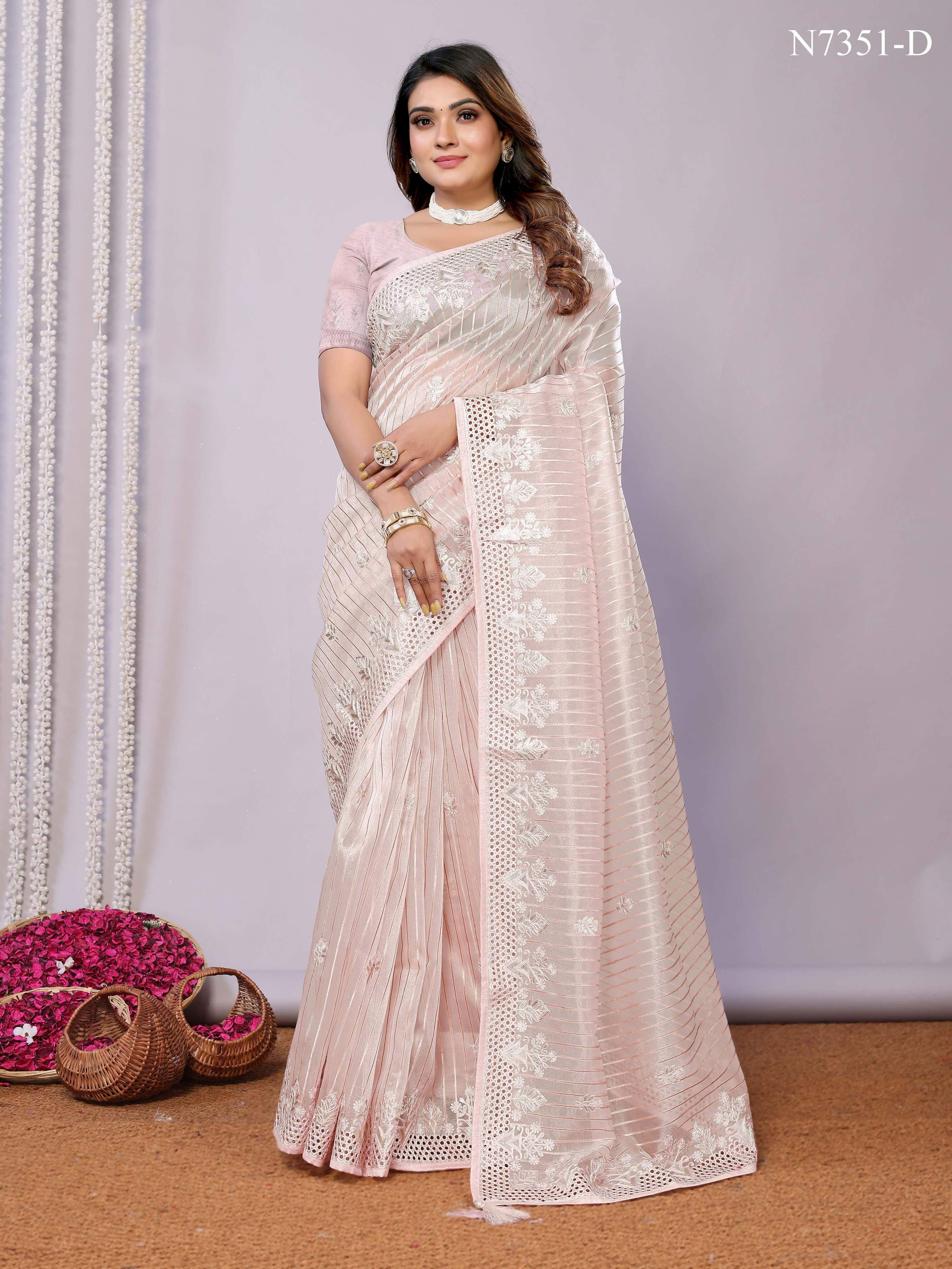 Pink Silk Embroidered Saree With Unstitched Blouse - Nimaya Kaksha
