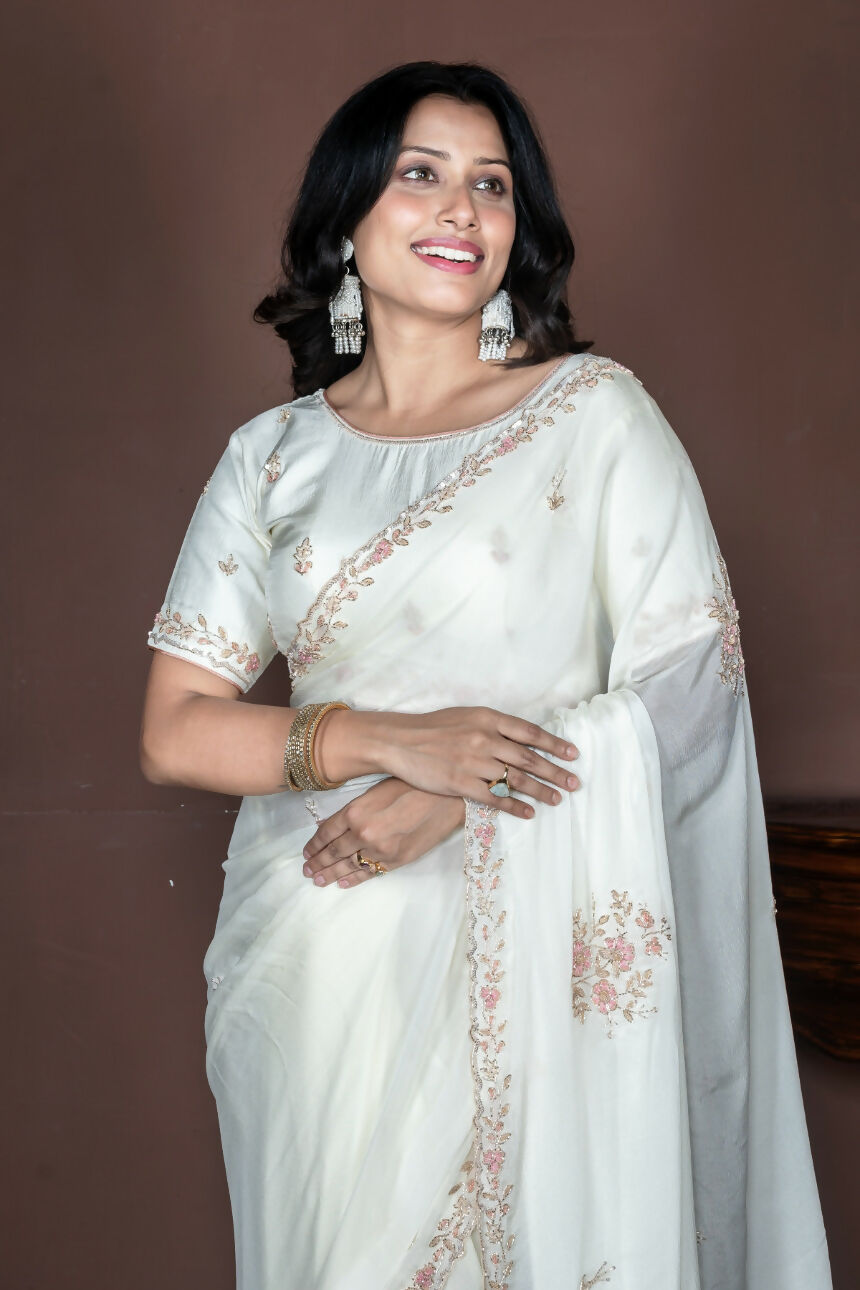 Morchari Off White Chiffon Hand Embroidery Saree And Stitched Blouse - Distacart