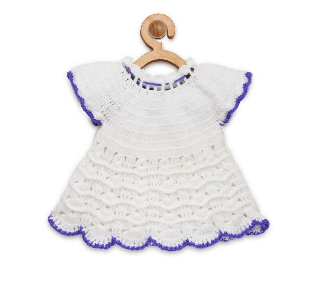 ChutPut Hand knitted Crochet Wool Dress For Baby Girls - White